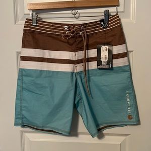 Billabong Size 28 Bathing Suit. Light Blue and Brown Stripes.